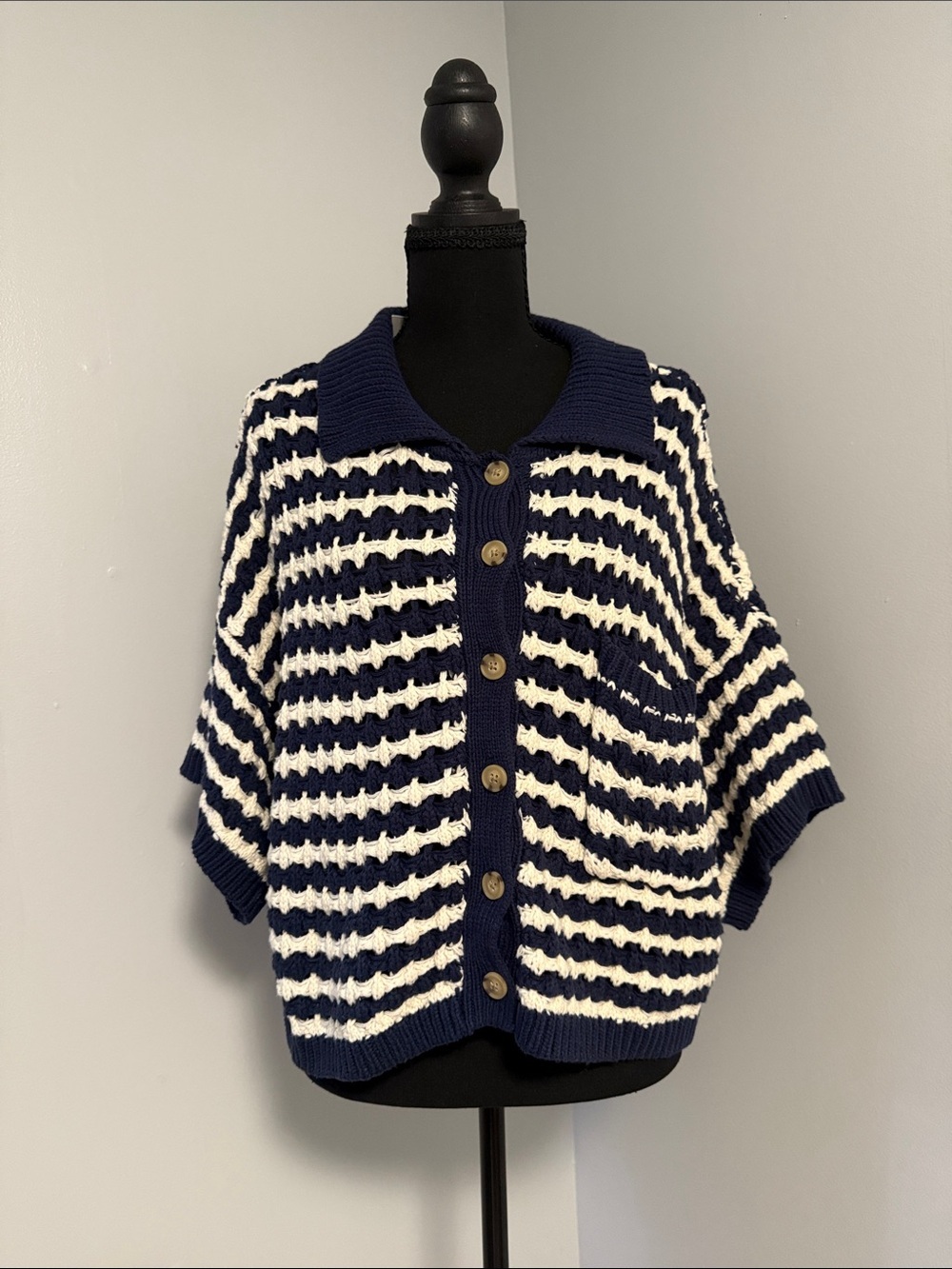 Navy and White Striped Button-Front Women’s Sweater